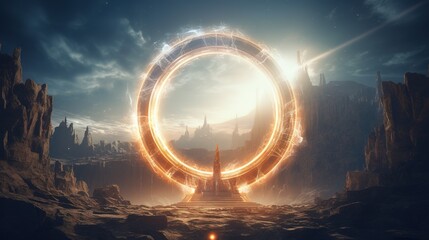 An abstract mysterious stargate with flare effects around, gateway to other galaxies, sic-fi concept - obrazy, fototapety, plakaty