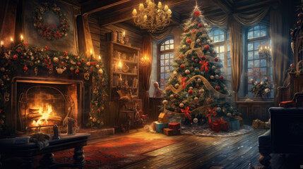 A magical Christmas ambiance with a beautifully decorated tree and gifts by the fireplace.