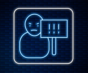 Glowing neon line Protest icon isolated on brick wall background. Meeting, protester, picket, speech, banner, protest placard, petition, leader, leaflet. Vector