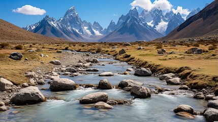 A photorealistic image of a snowy landscape with mountains ,Winter Landscape,Panaromic Image