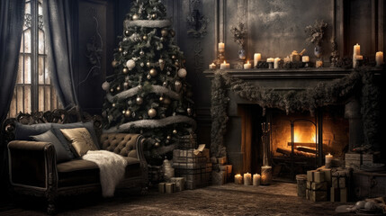 Classic Christmas beauty with a tree and presents next to the cozy fireplace.