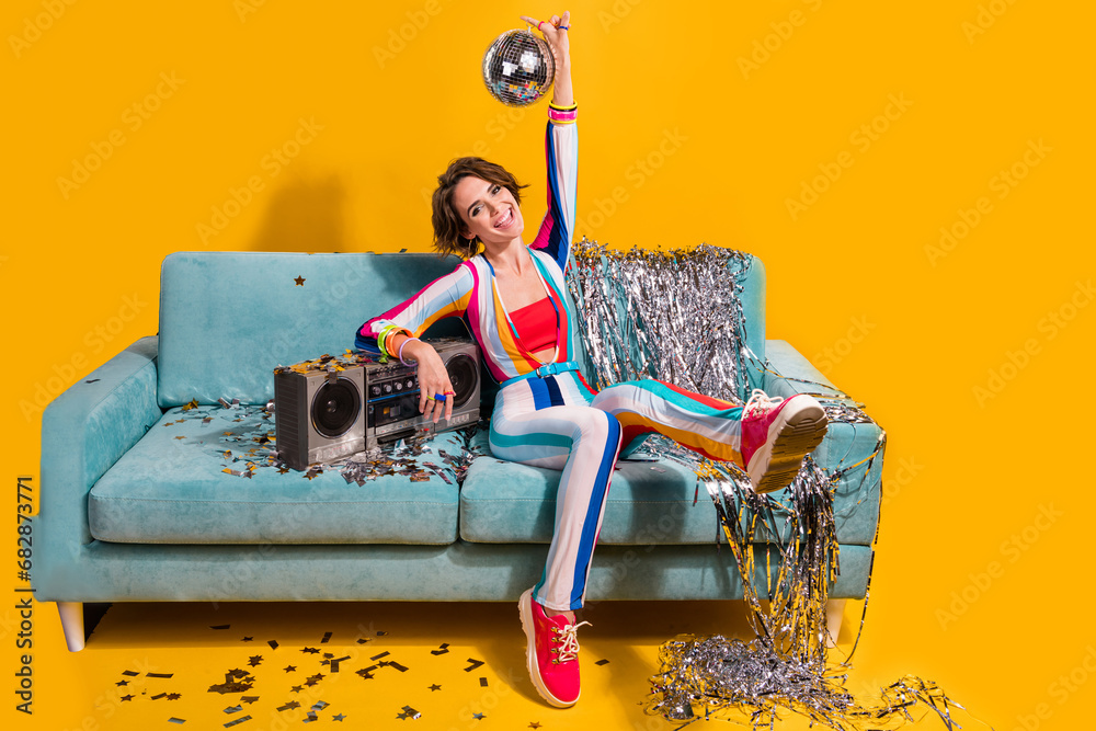 Poster photo of positive girl celebrate x mas event prepare boom box disco ball for night party isolated vi