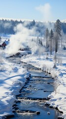 A photorealistic image of a winter village with smoke ,Winter Landscape,Panaromic Image