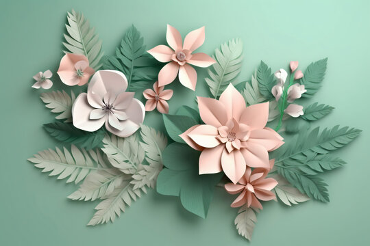 Bouquet artificial tropical flowers isolated on the green background. Flat lay.