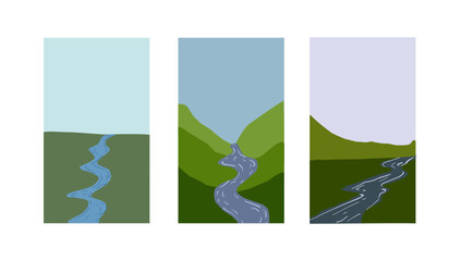 minimalist set of Natural window view of the river flowing calmly across dense green tropic forest vertical , minimalism art