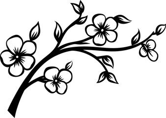 Cherry blossom branch silhouette icon in black color. Vector template.