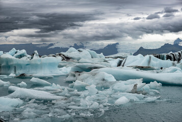 Iceberg drifting in Jokulsarlon glacier bay in  Southeast Iceland, Europe. Popular travel...