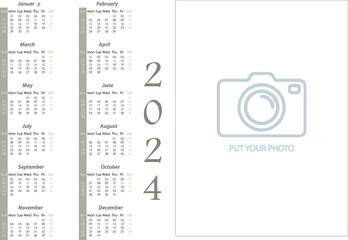 Calendario para imprimir con foto, año 2024 - obrazy, fototapety, plakaty