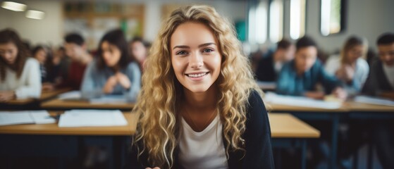 young woman in a university high school with blurred group of students studying in the classroom, education and learning concept, Generative AI