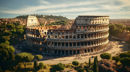 Naklejka premium A captivating aerial view of the Colosseum, revealing its massive size and the surrounding historic Roman Forum. Ai Generated.NO.04