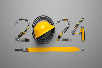 Creative 2024 New Year design template on engineering, construction, interior finishing, repair and maintenance theme. 3d render illustration for a greeting card, calendar or banner.