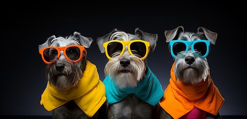 Three Stylish Dogs Posing in Colourful Sunglasses and Scarves on a Grey Background. A group of three dogs wearing sunglasses and scarves