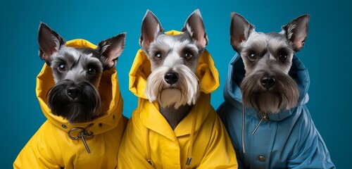 A Trio of Canine Companions in Vibrant Rain Coats on a Blue Background. A group of three schnauzers wearing colourful rain coats on a blue background