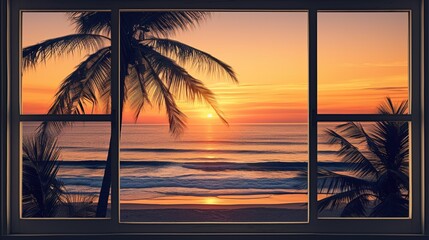 View from the window to the beach with sea and palms during lovely summer sunset