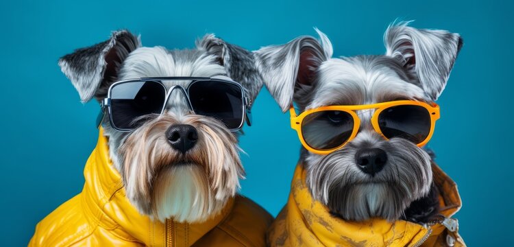 Two Dogs in Yellow Rainbow Jackets and Sunglasses Striking a Pose on a Blue Background. Two dogs wearing yellow jackets and sunglasses