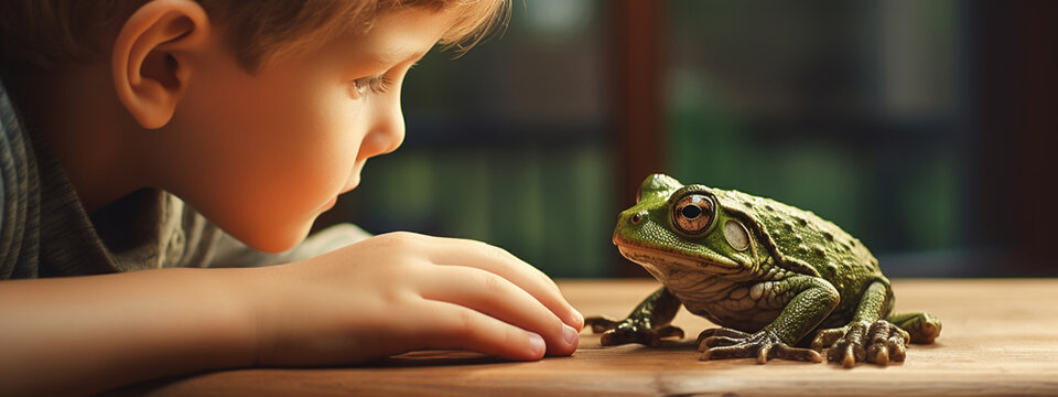 close-up of a child looking at a frog.Generative AI