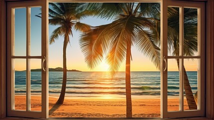 View from the window to the beach with sea and palms during lovely summer sunset