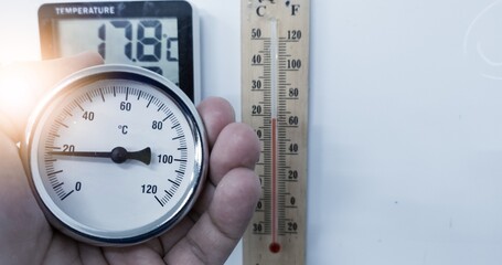 The concept of temperature measurement includes analog thermometers, wooden thermometers and...