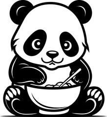 Cute panda eating ramen noodles silhouette icon in black color. Vector template for laser cutting.