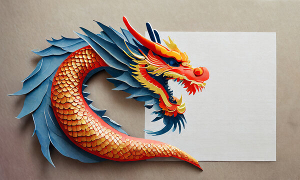 Dragon year celebration card, blue and orange dragon made with paper art for chinese calendar, blank space for notes or congratulatory message