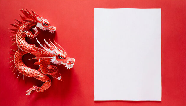 Dragon year celebration card, red dragon made with paper art for chinese calendar, empty white space for notes or congratulatory message