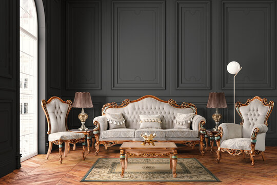 Naklejki 3D rendering classic living room interior. furniture set 