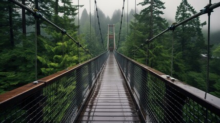 Fototapeta na wymiar Generative AI, treetop boarding bridge on misty fir forest beautiful landscape in hipster vintage retro style, foggy mountains and trees. 