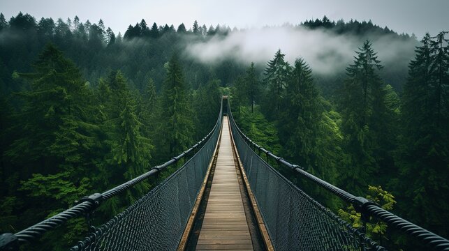 Fototapeta Generative AI, treetop boarding bridge on misty fir forest beautiful landscape in hipster vintage retro style, foggy mountains and trees.  
