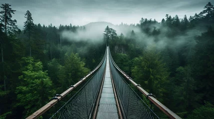 Schilderijen op glas Generative AI, treetop boarding bridge on misty fir forest beautiful landscape in hipster vintage retro style, foggy mountains and trees.   © DELstudio