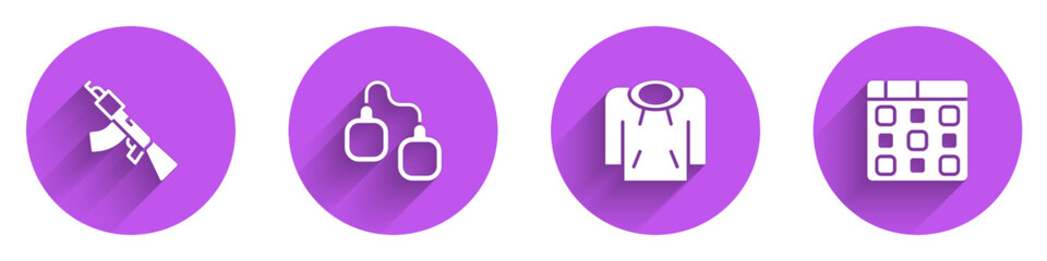 Set Submachine gun, Handcuffs, Hoodie and Drum music icon with long shadow. Vector