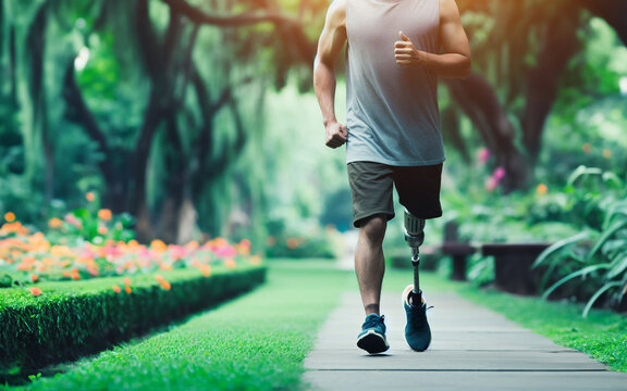 Disabled person wearing prosthetic leg Exercise in the garden Jogging with prosthetic legs
