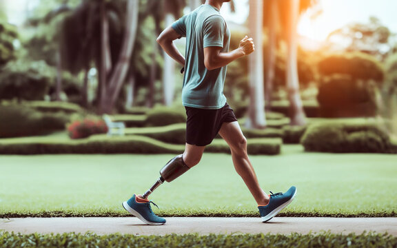 Disabled person wearing prosthetic leg Exercise in the garden Jogging with prosthetic legs