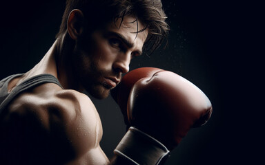 Male boxer wears boxing gloves and practices fighting hard Powerful black background - obrazy, fototapety, plakaty