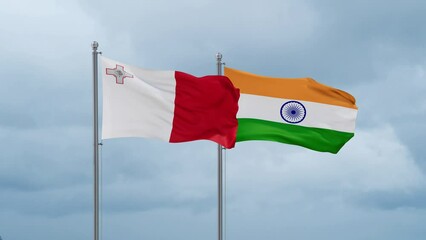 India flag and Malta flag waving together on cloudy sky, endless seamless loop, two country relations concept