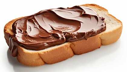 Chocolate spread on slice of bread, close-up, selective focus, Slice of bread with chocolate spread isolated on white background - obrazy, fototapety, plakaty