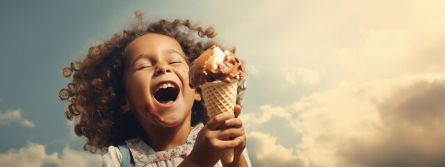 A cute baby child is eating delicious ice cream.Generative AI