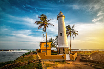Famous Fort Galle lighthouse at sunset. Sri Lanka - obrazy, fototapety, plakaty