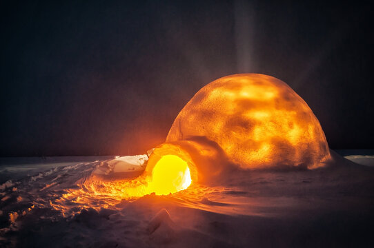 Orange light in real snow igloo