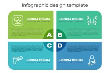 Set line Pistol or gun, Heart rate, Life insurance in hand and Handcuffs on hands of criminal. Business infographic template. Vector