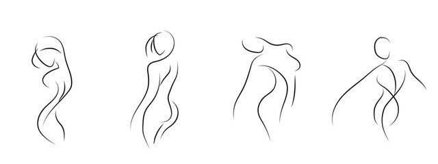 Elegant line art of erotic woman figure. Silhouette of a female in contemporary one-line style. Design element for cosmetics advertising, posters, wall art, and stickers. Vector illustration