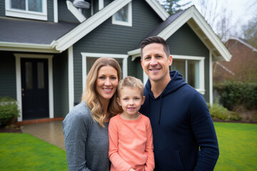 Family moving into new house. Home ownership, real estate and a life goal accomplishment