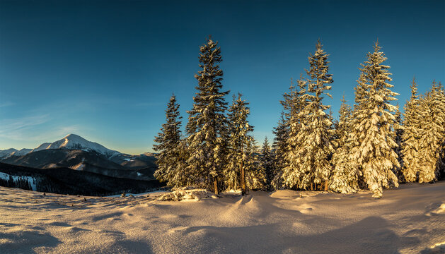 Sunrise in winter Carpathian mountains. Beautiful snowy landscape