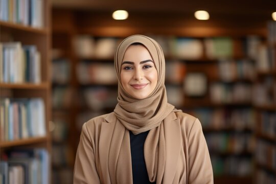 Cheerful female international muslim student at the college library