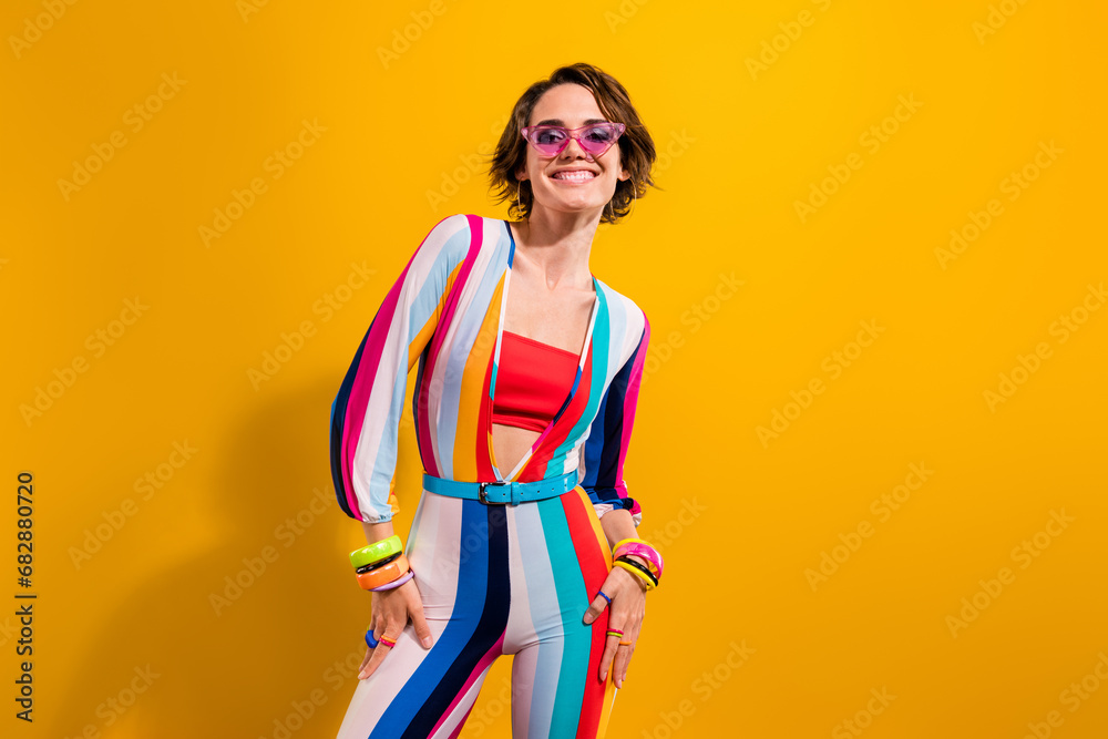 Poster photo of positive girl clubber posing ready for dancing in nightclub isolated bright color backgroun