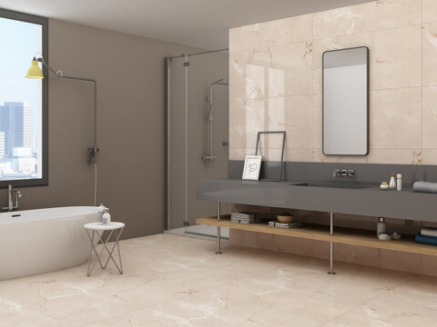 Scandinavian style bathroom interior with beige marble walls, a concrete floor, a sink with a large mirror above it and a white bathtub. Loft. Mockup. 3D Rendering
