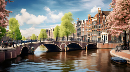 The charming canals of Amsterdam, lined with historic houses and picturesque bridges. Ai Generated.NO.01