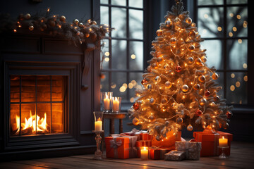 Christmas background. Living room Xmas tree decorated by lights, candles, wrapped gift boxes and a fireplace. Generative AI
