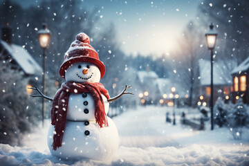 Obraz premium Christmas winter background with snowman in snow and blurred bokeh background. Generative AI
