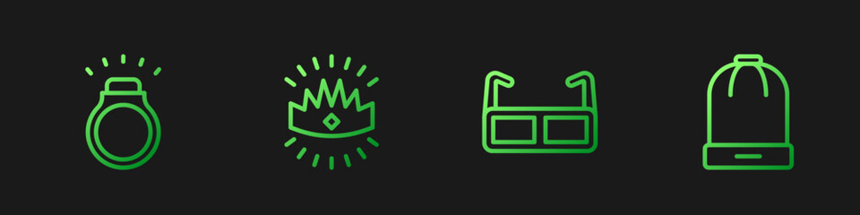 Set line Glasses, Diamond ring, King crown and Winter hat. Gradient color icons. Vector