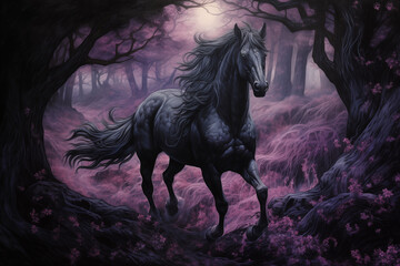 A black horse is walking in the middle of the forest at night. It was drawn with colored pencils.